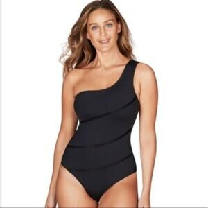 Sea Level Australia One-Shoulder Black Swimsuit Size 4 With Lace Panel Detail